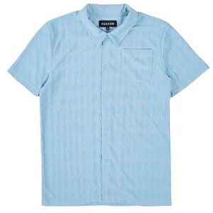 Diamond Plate Towel Color Blocked Short Sleeve Button Down Shirt - Light Blue